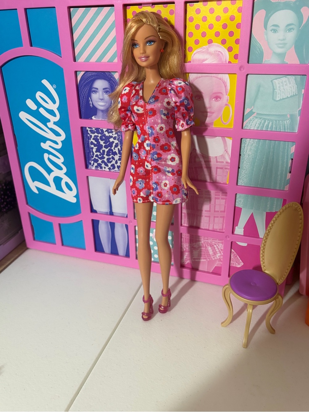 Barbie Blonde Doll in Red & Pink Floral Dress - Picture 2 of 4